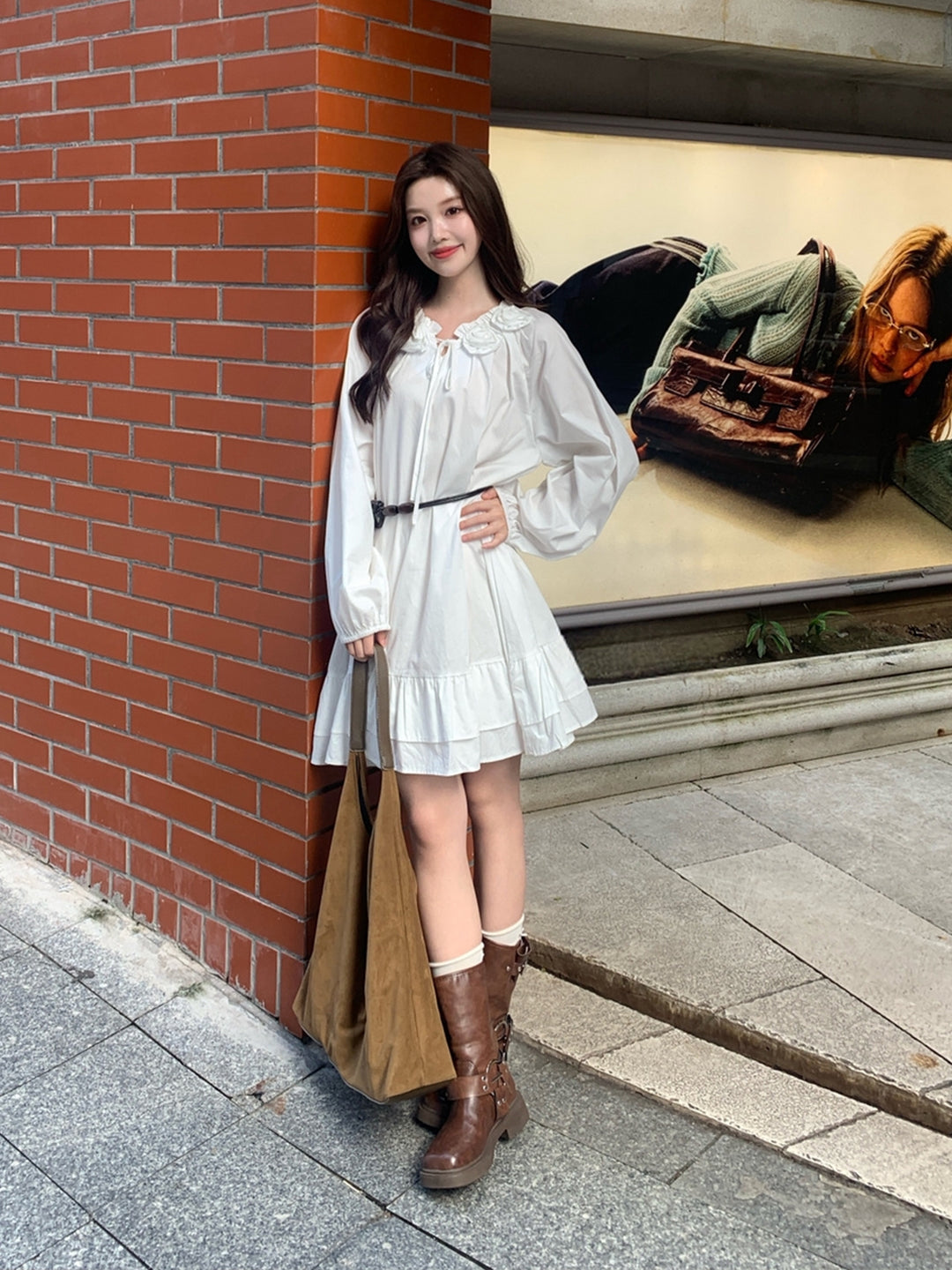 【dress】腰紐付き立体フラワーネックワンピース Q9108
