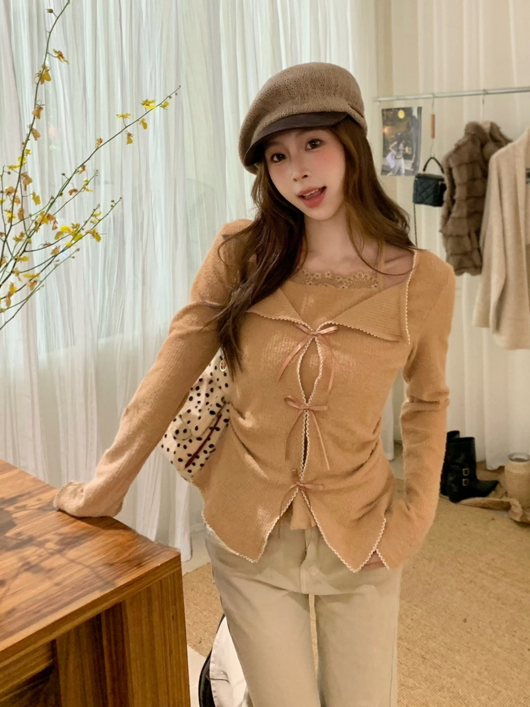 【tops】リボン付きフェイクレイヤードトップス Q9292
