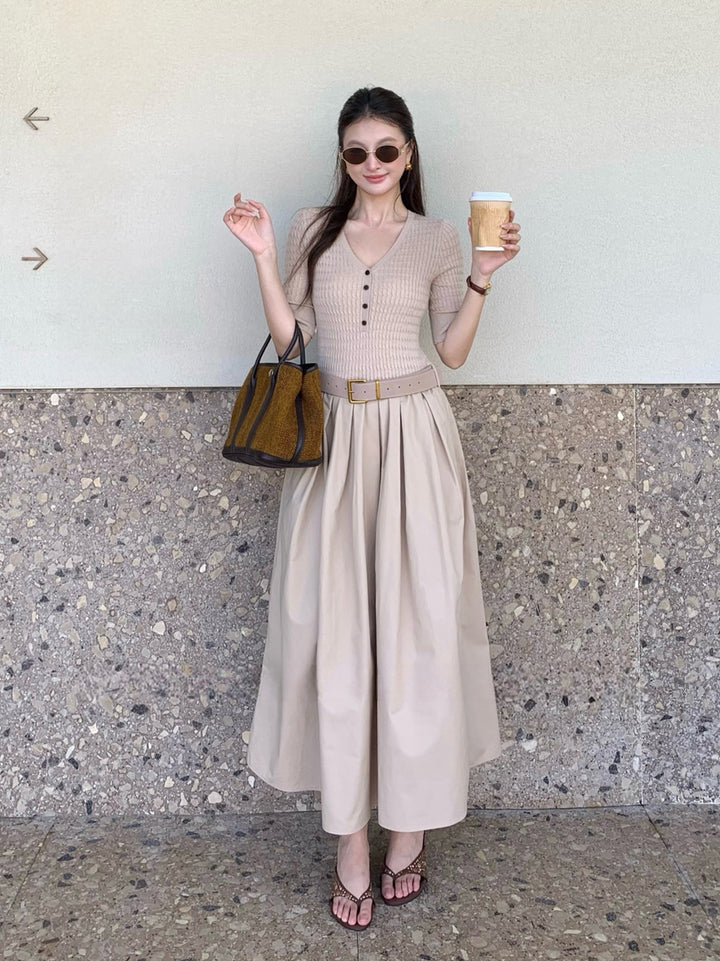 【dress】半袖ニットドッキングロングワンピース Q8920