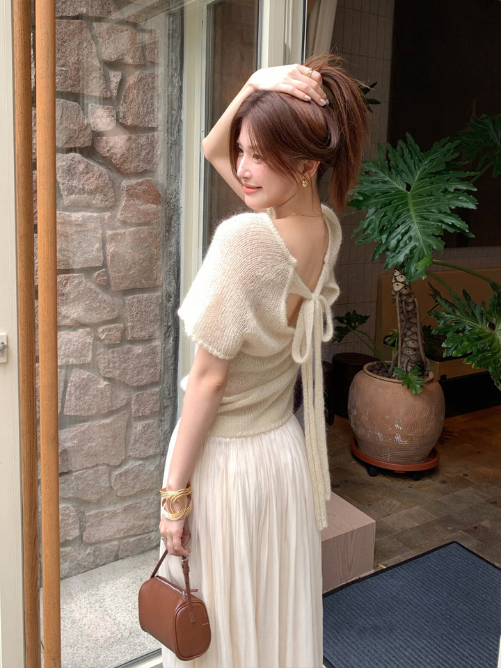 【tops】バックリボン半袖ニットトップス Q8979