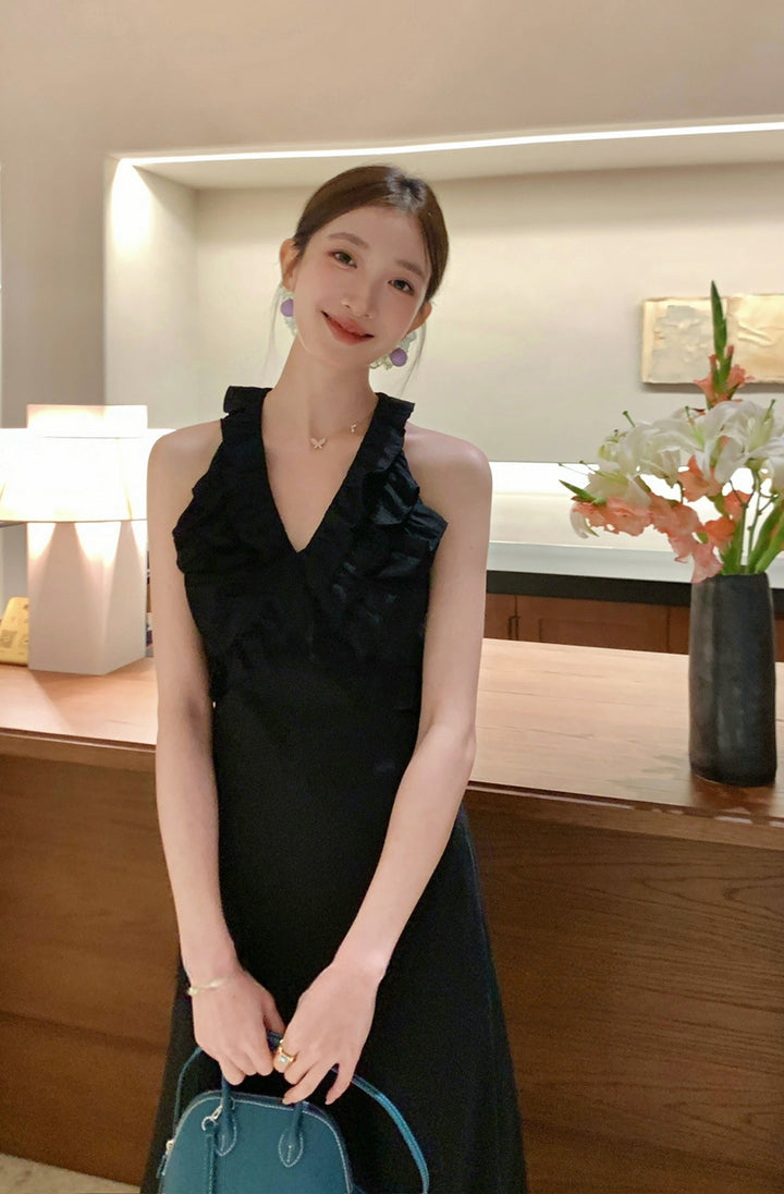 【dress】ノースリーブVネックギャザーフリルワンピース Q8678