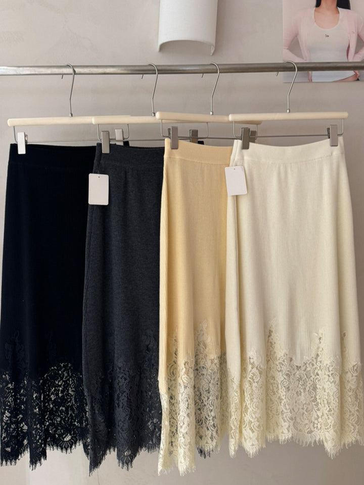 【bottoms】レースドッキングニットロングスカート Q9149