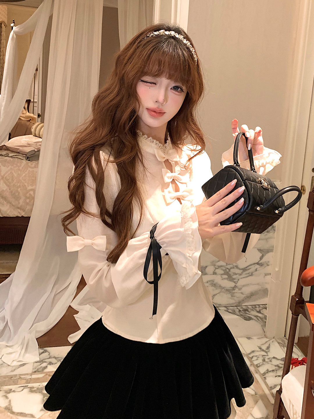 【set】リボン付きシャツ×ベルベットドッキングミニスカートセット Q9227