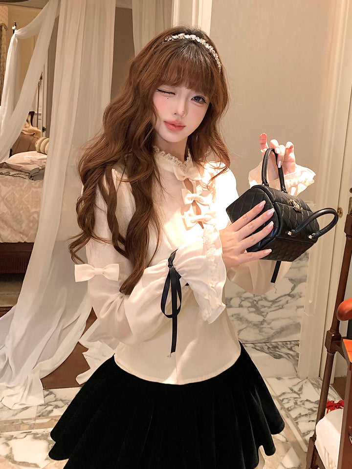 【set】リボン付きシャツ×ベルベットドッキングミニスカートセット Q9227