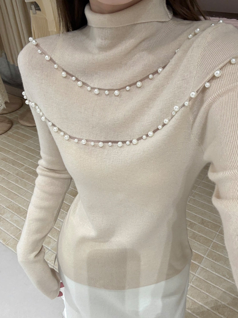【tops】パール付きハイネックニットトップス Q9133