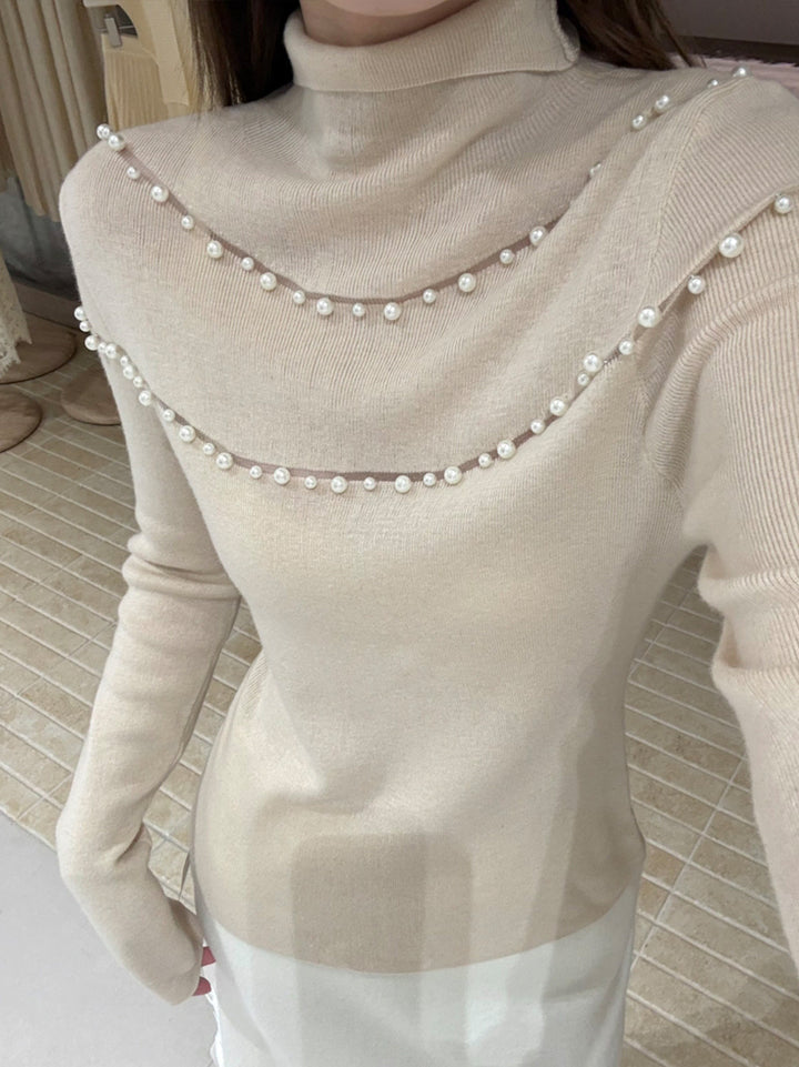 【tops】パール付きハイネックニットトップス Q9133