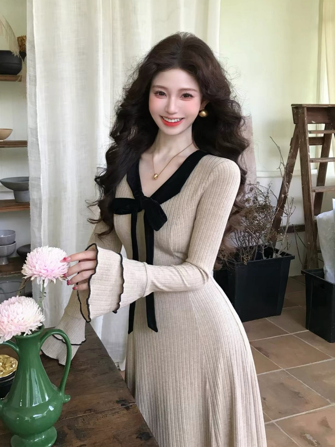 【dress】リボン付きニットロングワンピース Q9265