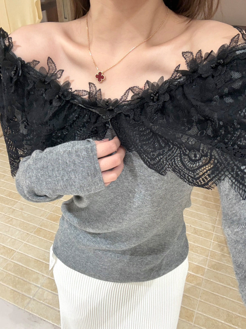 【tops】レースドッキングニットトップス Q9140
