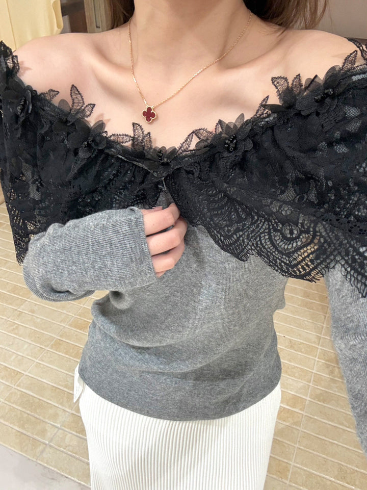【tops】レースドッキングニットトップス Q9140