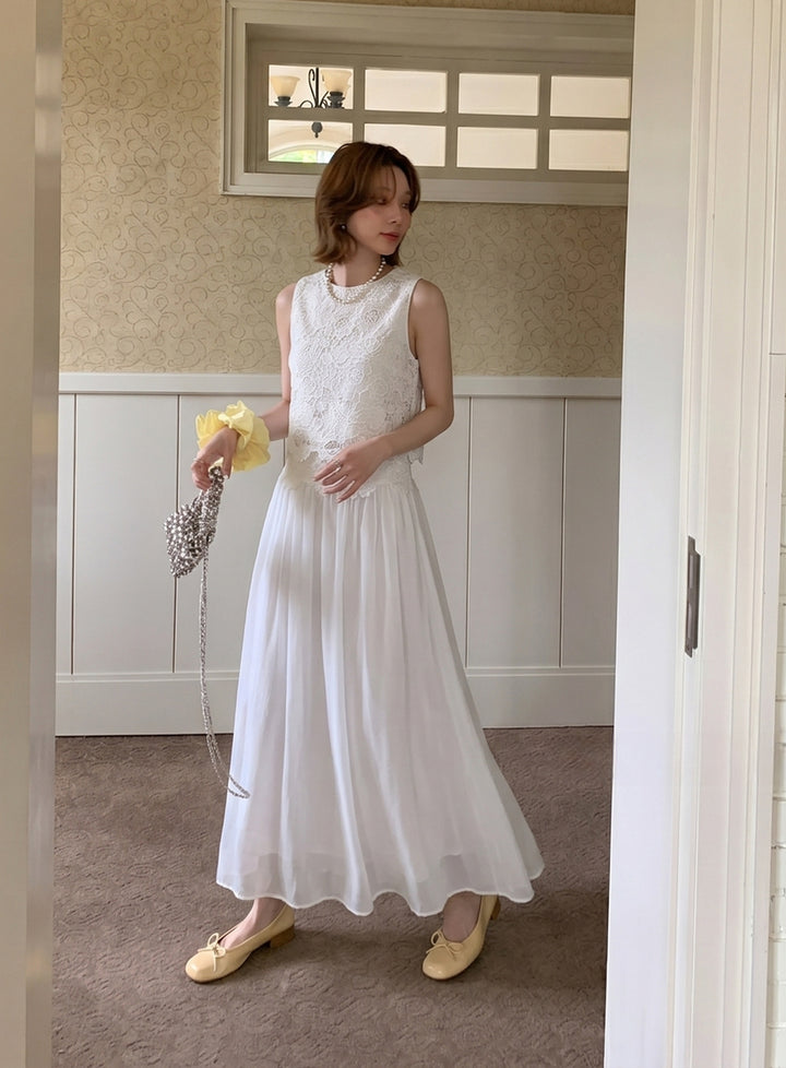 【set】ノースリーブレーストップス×ロングスカートセット Q8699