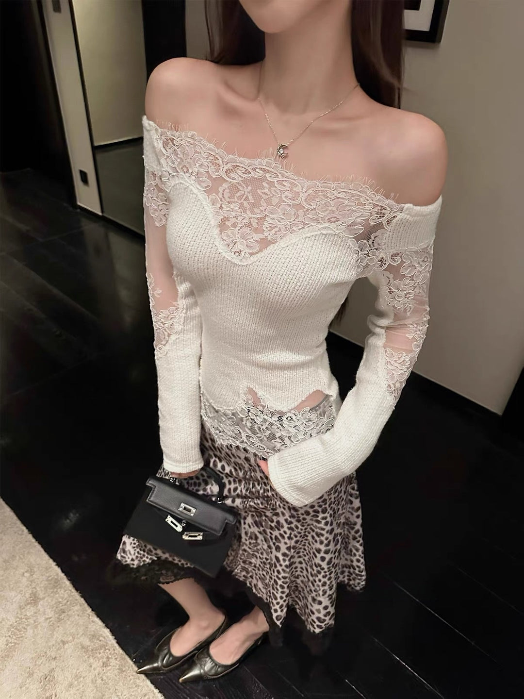 【tops】レースドッキングオフショルダーニットトップス Q9320