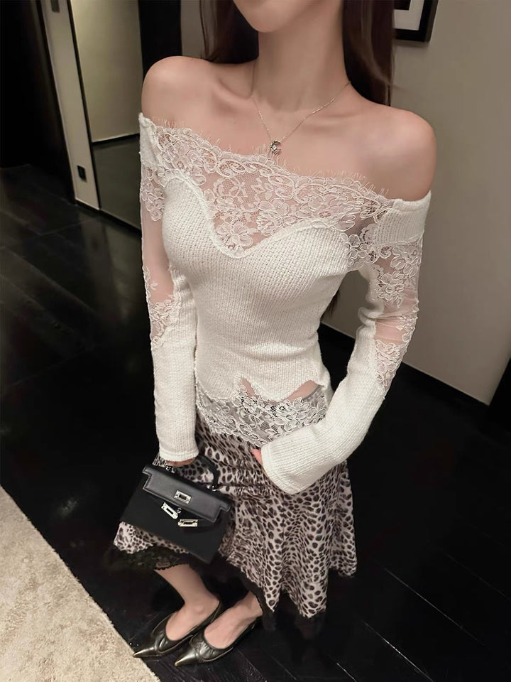 【tops】レースドッキングオフショルダーニットトップス Q9320