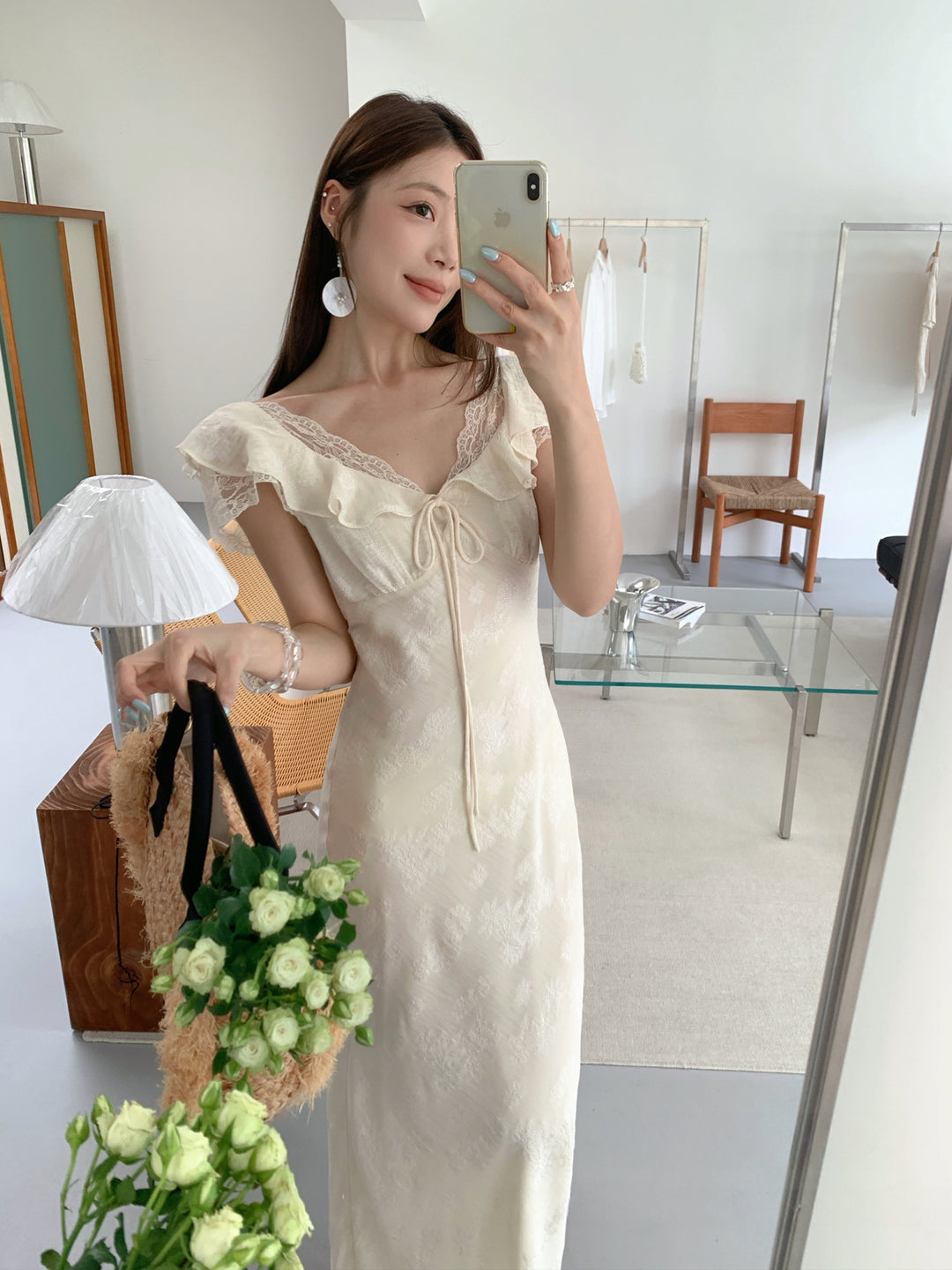 【dress】レースドッキングフラッタースリーブワンピース Q8658
