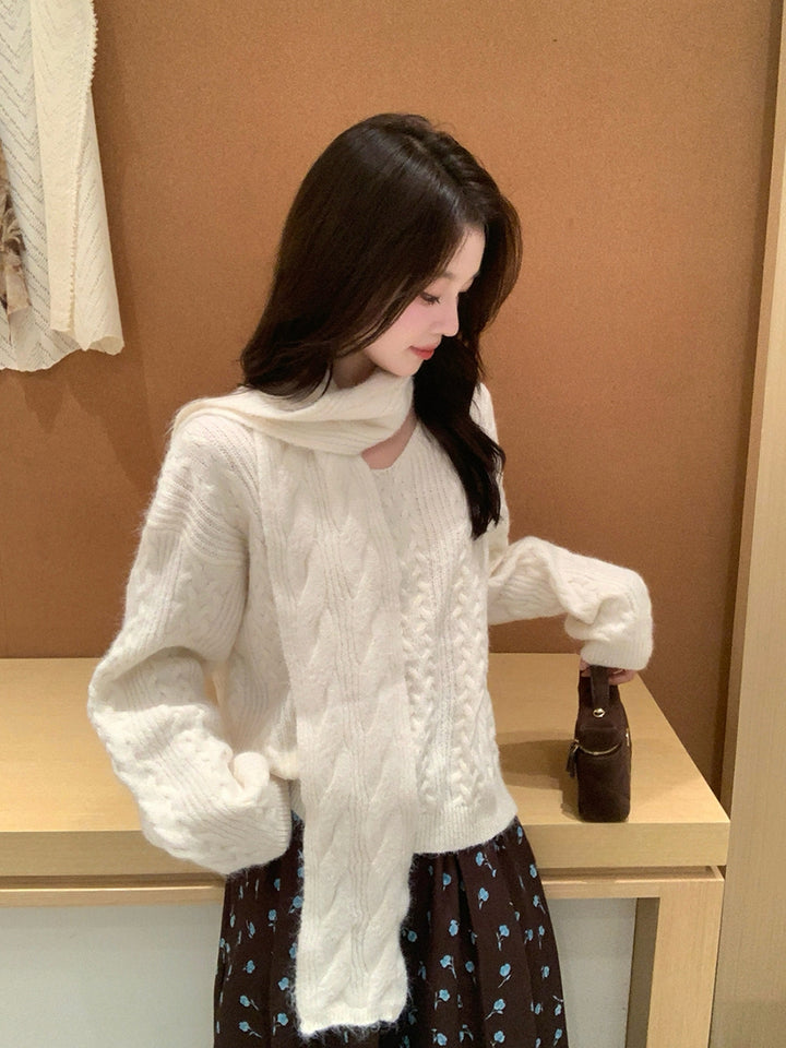 【tops】マフラー付きニットトップス Q9239
