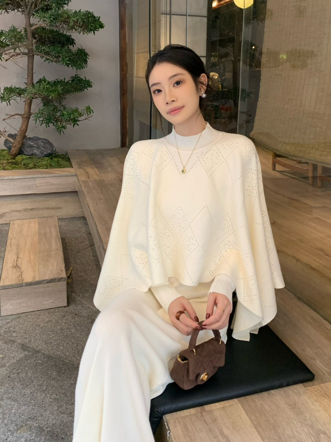 【set】ニットケープトップス×ロングニットワンピースセット Q9261