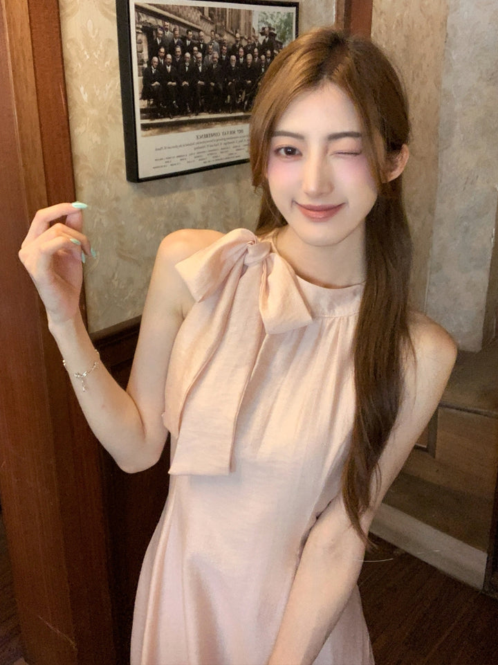 【dress】ノースリーブリボン付きロングワンピース Q8663
