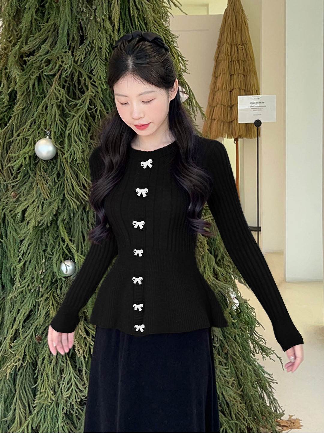 【tops】リボン付きニットトップス Q9064