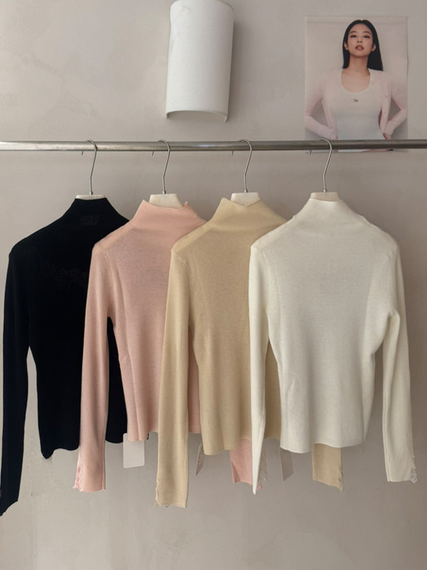 【tops】ハイネックレースドッキングニットトップス Q9157