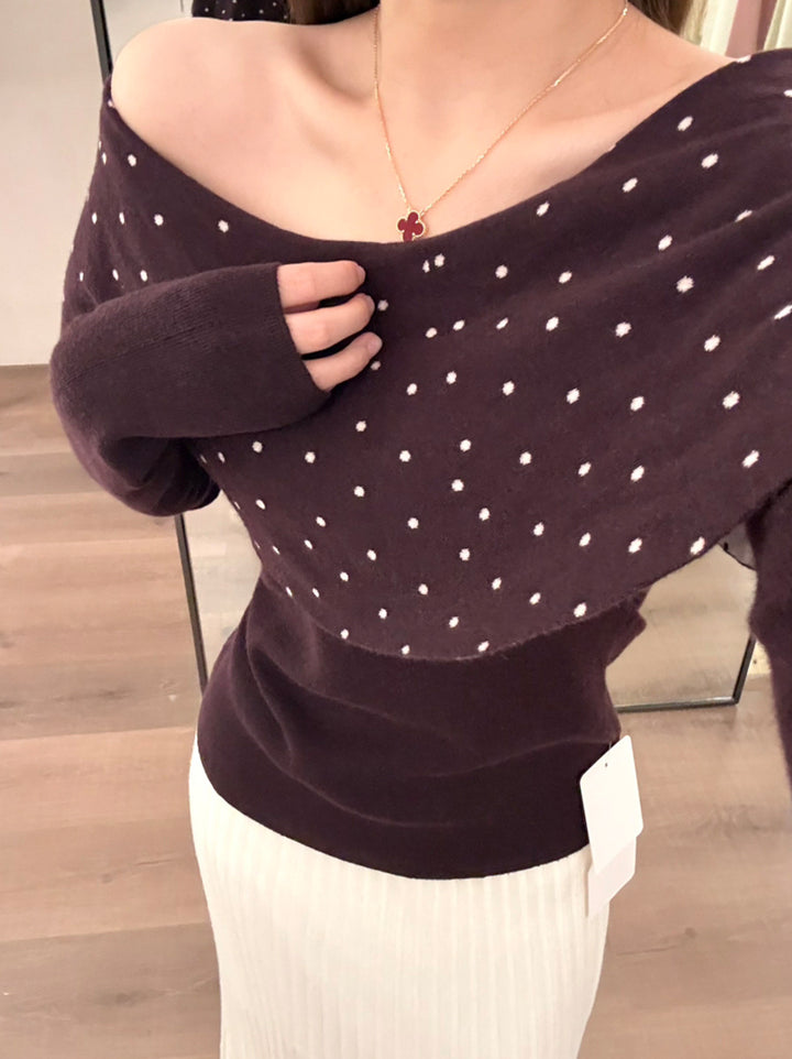 【tops】ドット柄カラーニットトップス Q9143