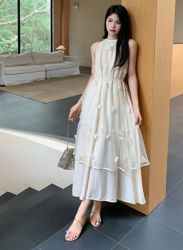 【dress】ノースリーブ立体感蝶ロングワンピース Q8662