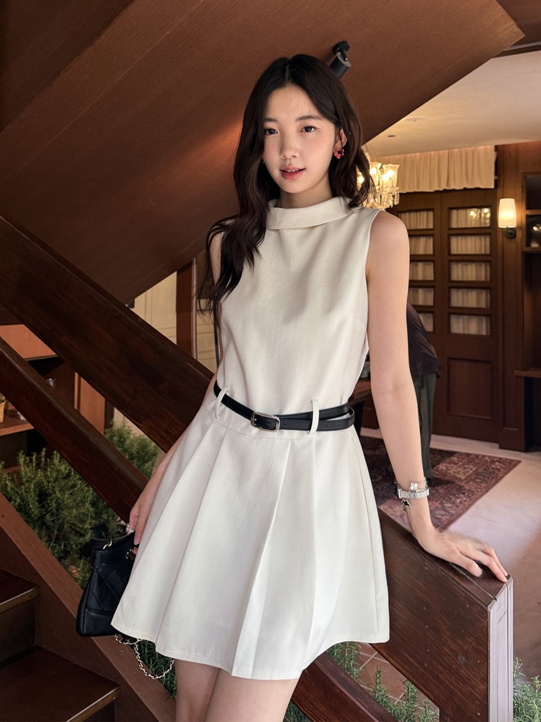 【dress】ベルト付きノースリーブミニワンピース Q8669