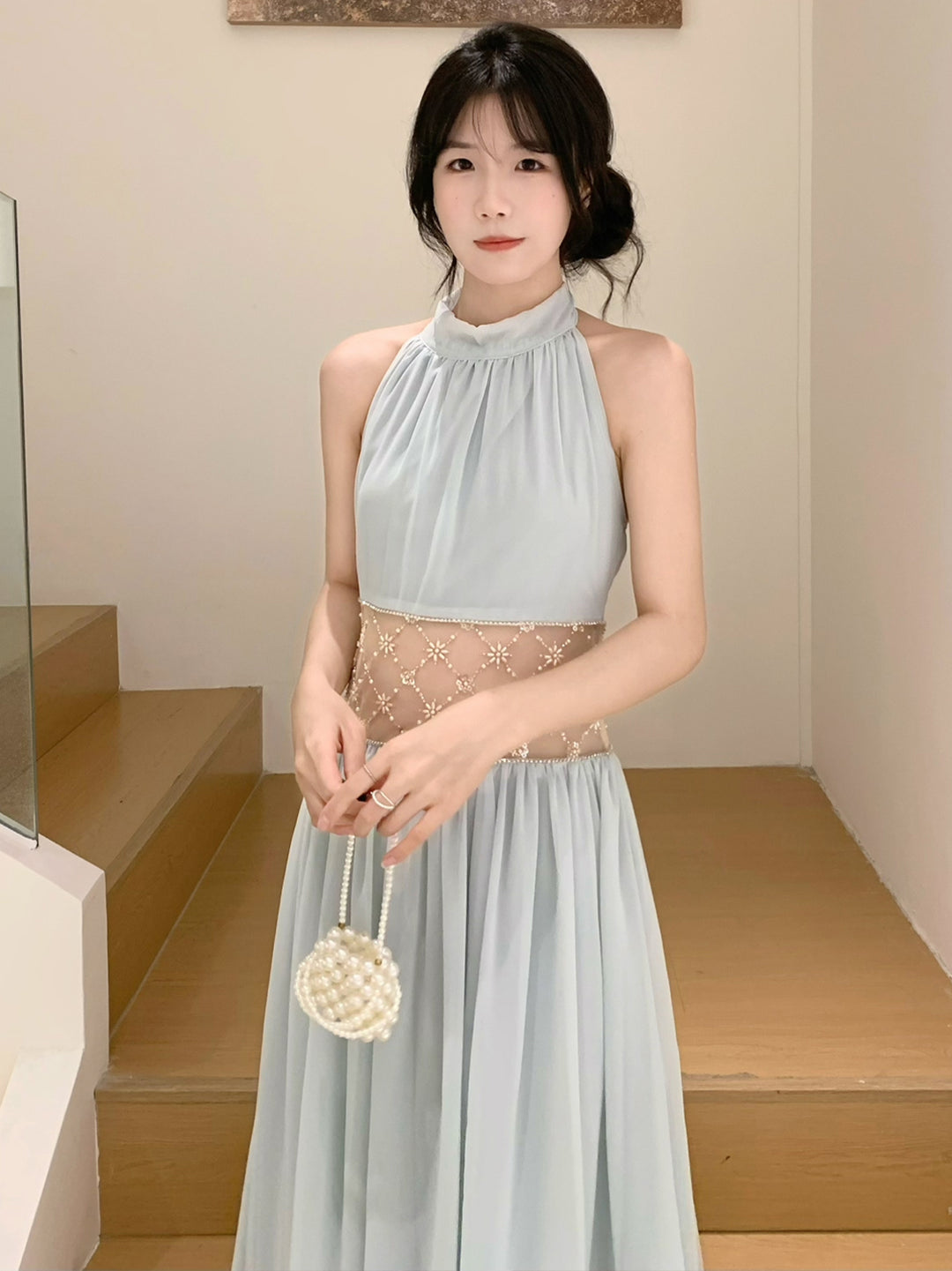 【dress】ホルターネックレースドッキングロングワンピース Q8660
