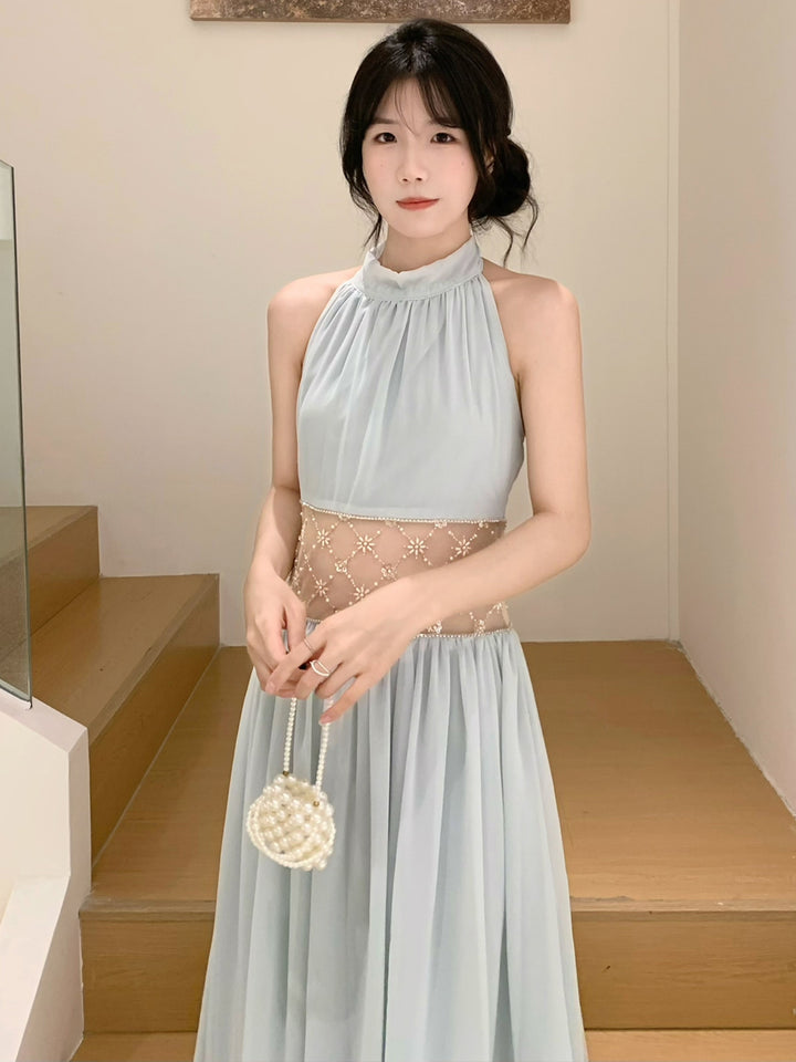 【dress】ホルターネックレースドッキングロングワンピース Q8660