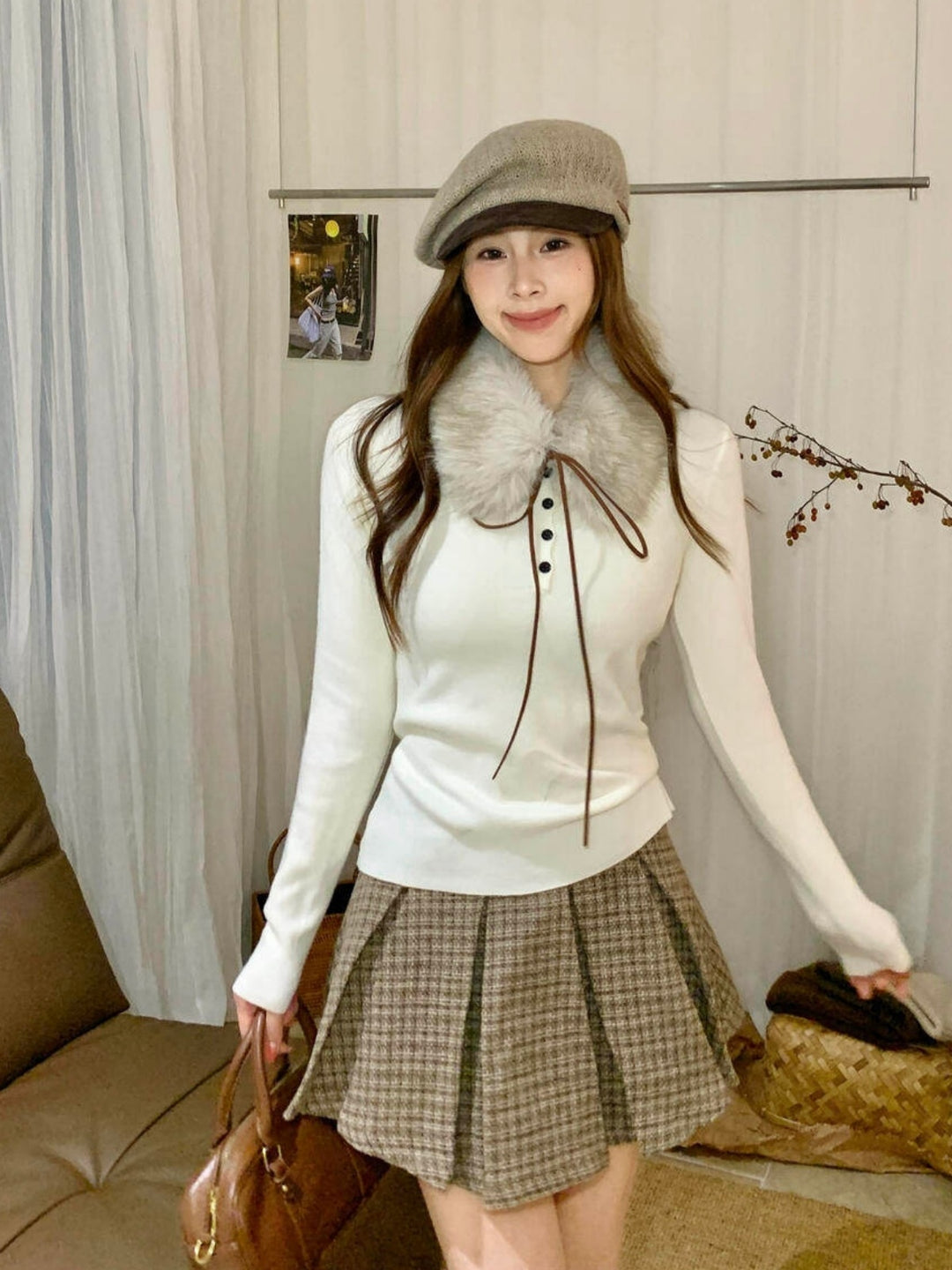【tops】ファースカーフ付きニットトップス Q9324