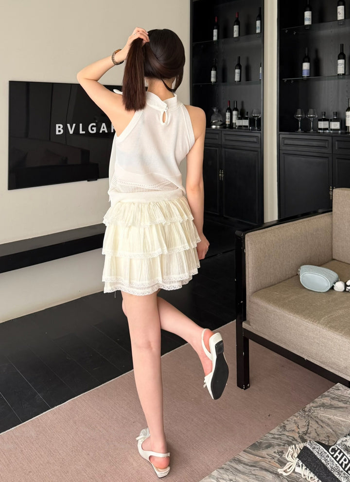 【tops】リボン付きノースリーブニットトップス Q8775