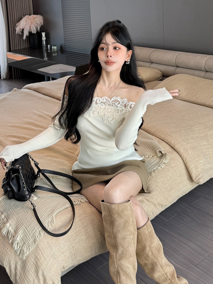 【tops】レースドッキングオフショルダーニットトップス Q9199