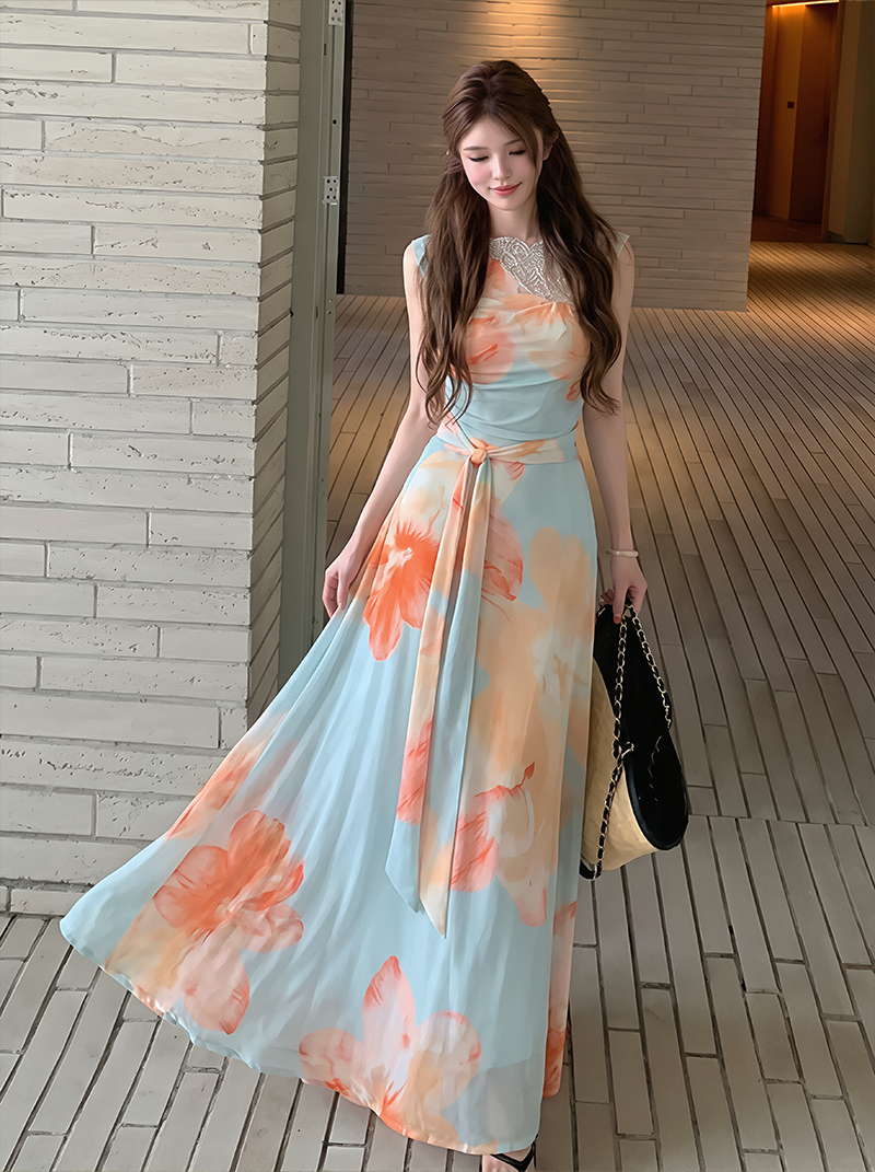 【dress】ノースリーブレースドッキングロングワンピース Q8597