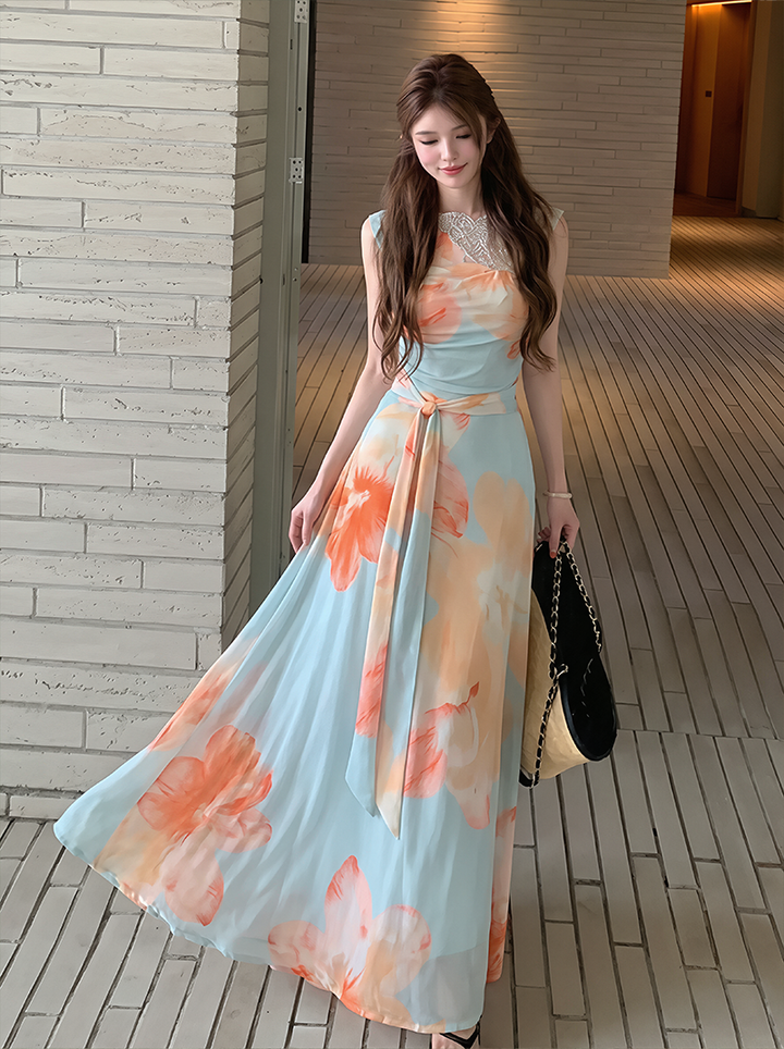 【dress】ノースリーブレースドッキングロングワンピース Q8597