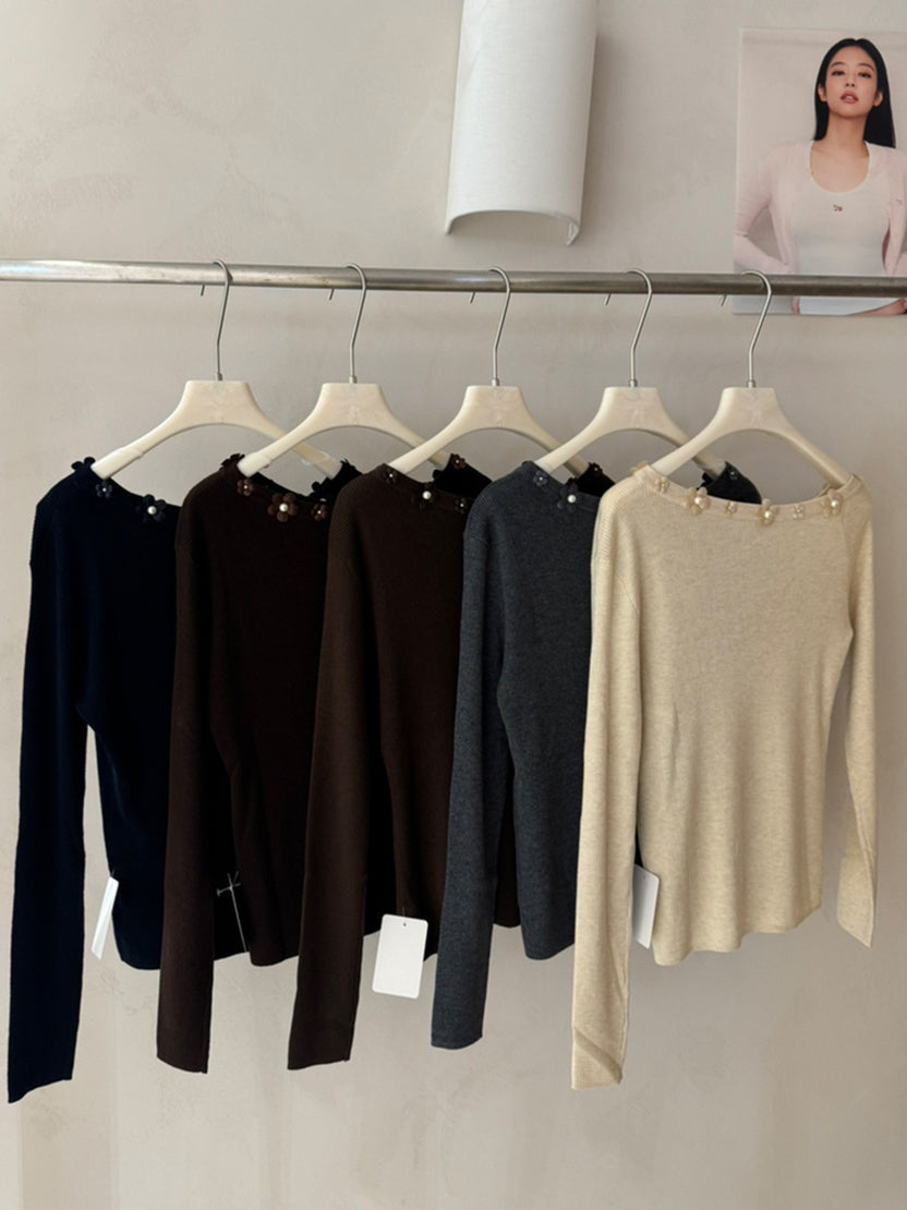 【tops】立体フラワー付きニットトップス Q9159