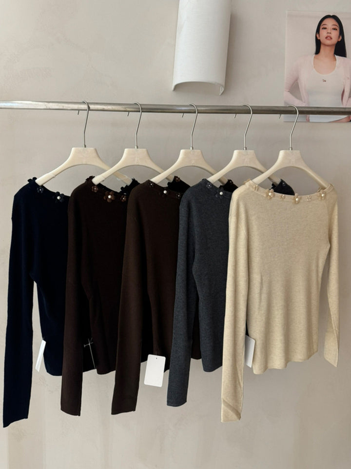 【tops】立体フラワー付きニットトップス Q9159