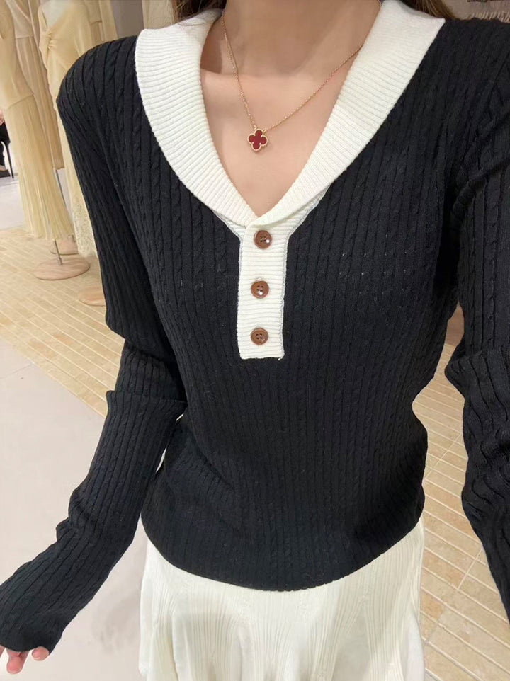 【tops】折り襟ニットトップス Q9142