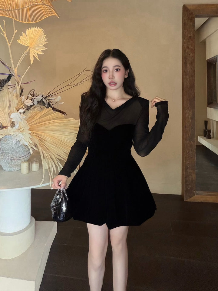 【dress】シアーチュールドッキングバルーンワンピース Q9090