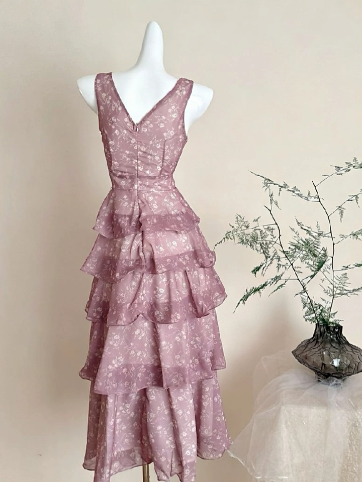 【dress】フラワー柄ノースリーブロングティアードワンピース Q8537