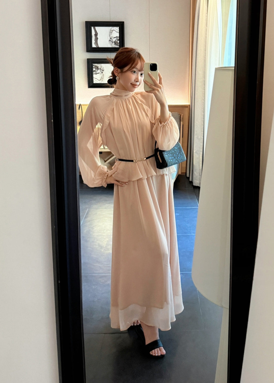 【dress】ベルト付きバックリボンロングワンピース Q8984