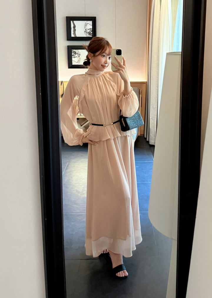 【dress】ベルト付きバックリボンロングワンピース Q8984