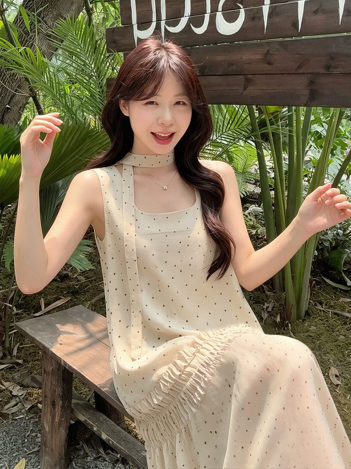 【dress】ドット柄ロングベストワンピース Q8592