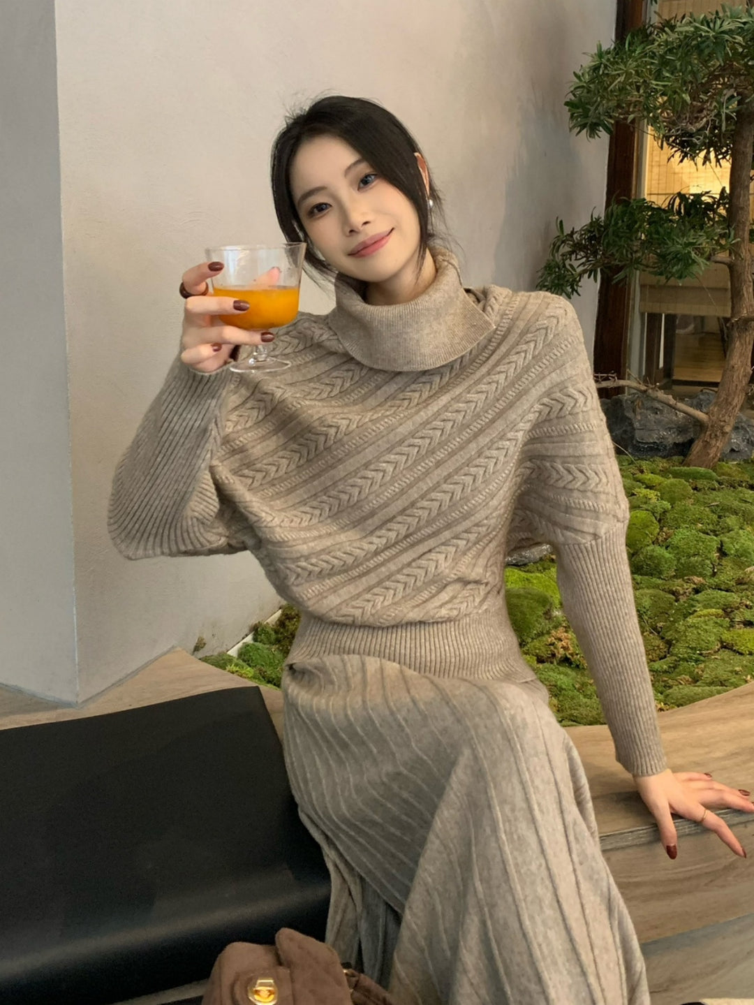 【set】ハイネックニットトップス×ロングスカートセット Q9253
