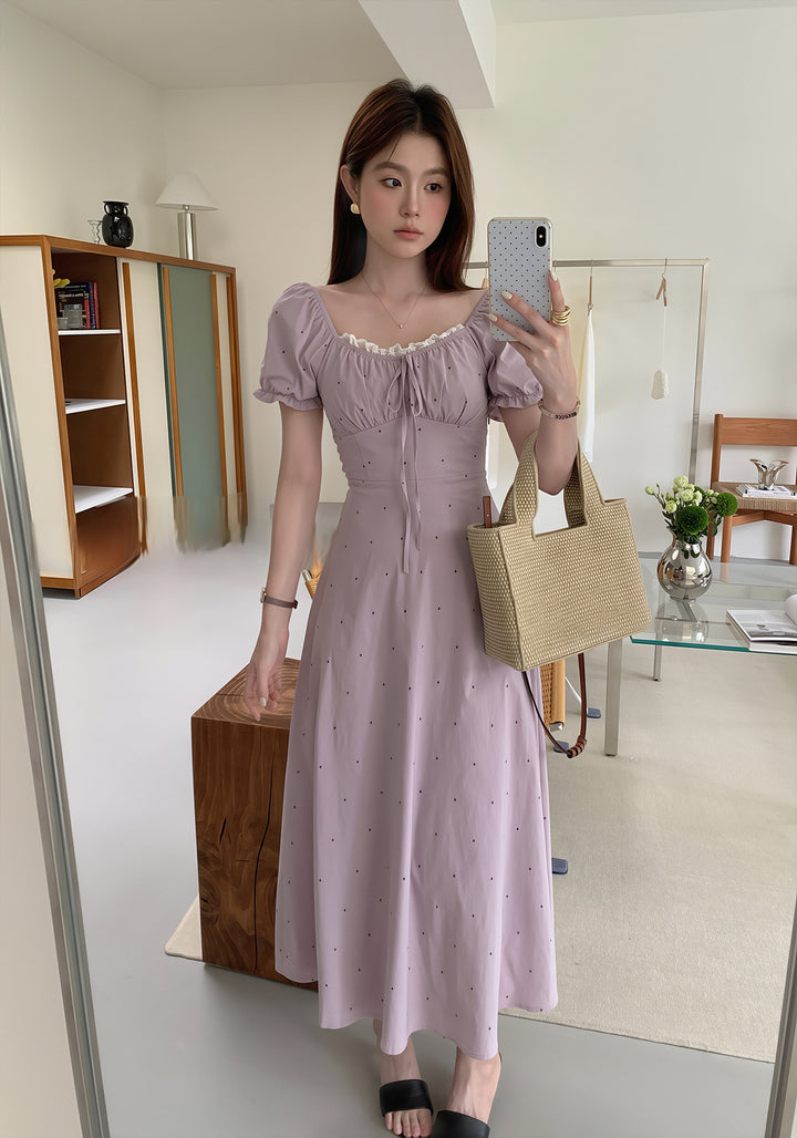 【dress】ドット柄レースドッキングロングワンピース Q8754