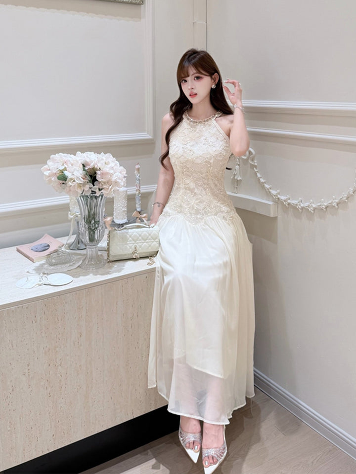 【dress】ノースリーブレースドッキングロングワンピース Q8685