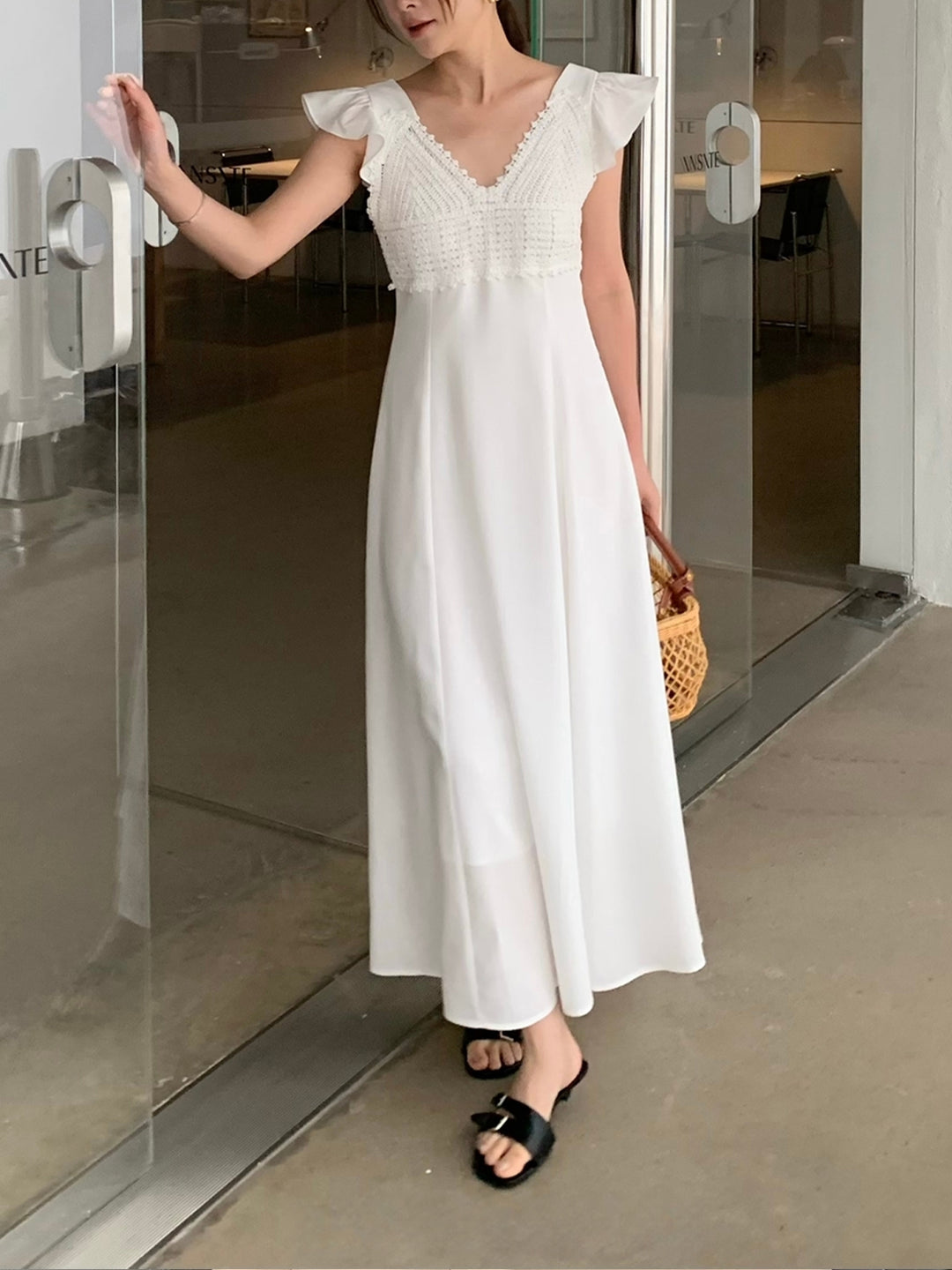 【dress】レースドッキングフラッタースリーブワンピース Q8672