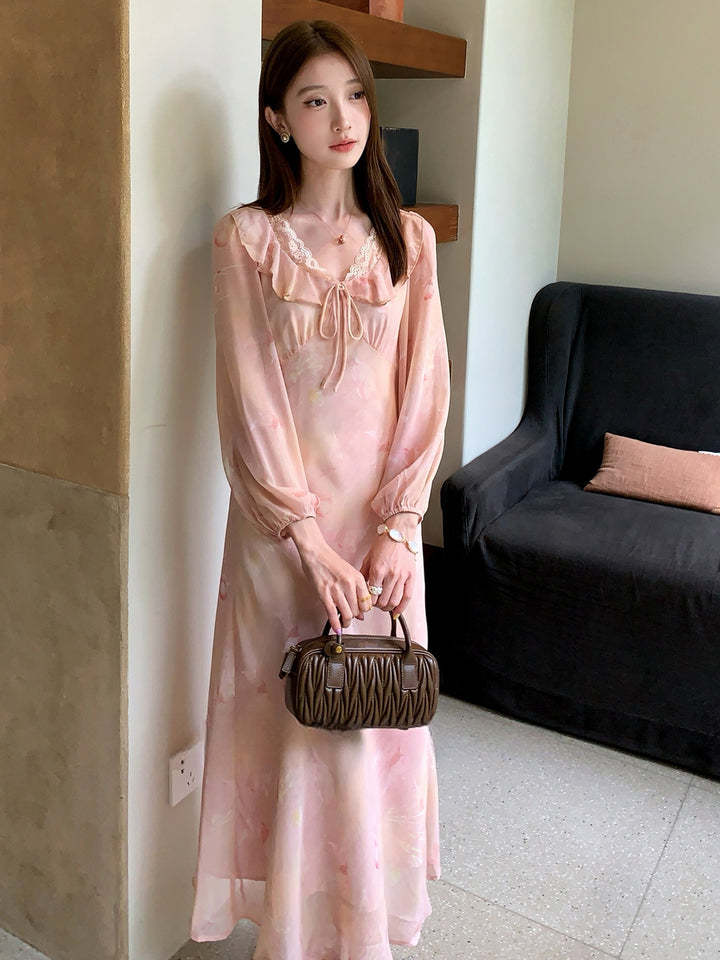 【dress】フラワー柄レースドッキングロングワンピース Q8998