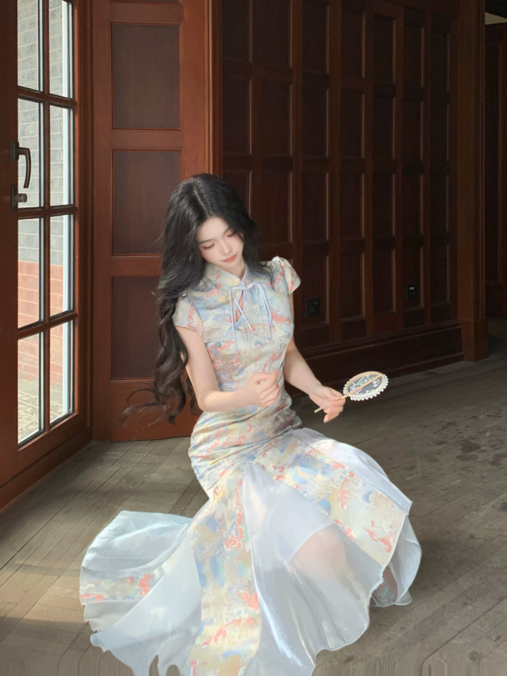 【dress】半袖サテンドッキングロングワンピース Q8542