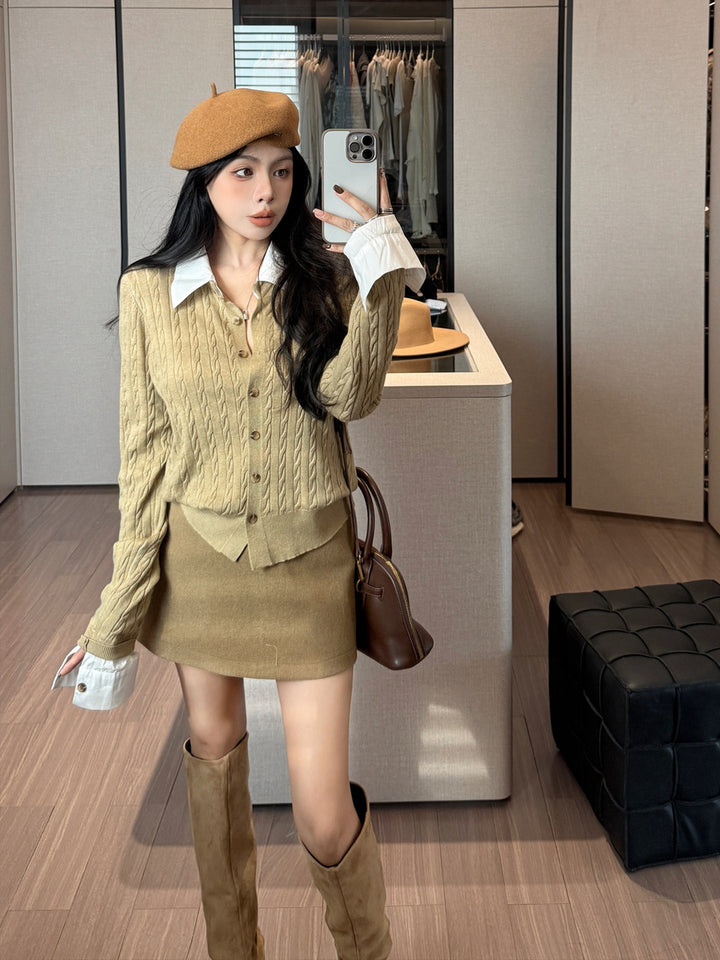 【tops】シャツネックフェイクレイヤードニットトップス Q9186