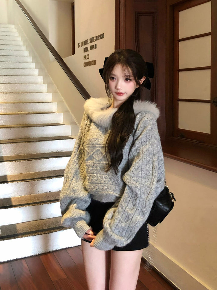 【set】ファー付きニットトップス×ショートパンツセット Q9246