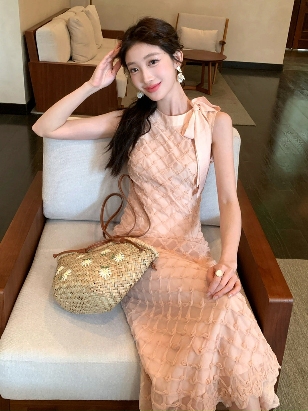 【dress】ノースリーブリボン付きロングワンピース Q8679