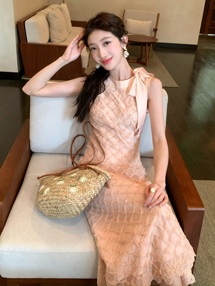 【dress】ノースリーブリボン付きロングワンピース Q8679